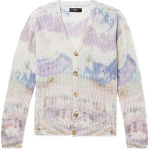 AMIRI Pastel Tie-Dye Ribbed V-Neck Cardigan in Lavender, Blue, Cream